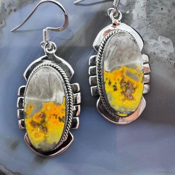 Sterling Silver Southwestern Style Oval Eclipse Jasper Decorated Dangle Earrings - Picture 6 of 10